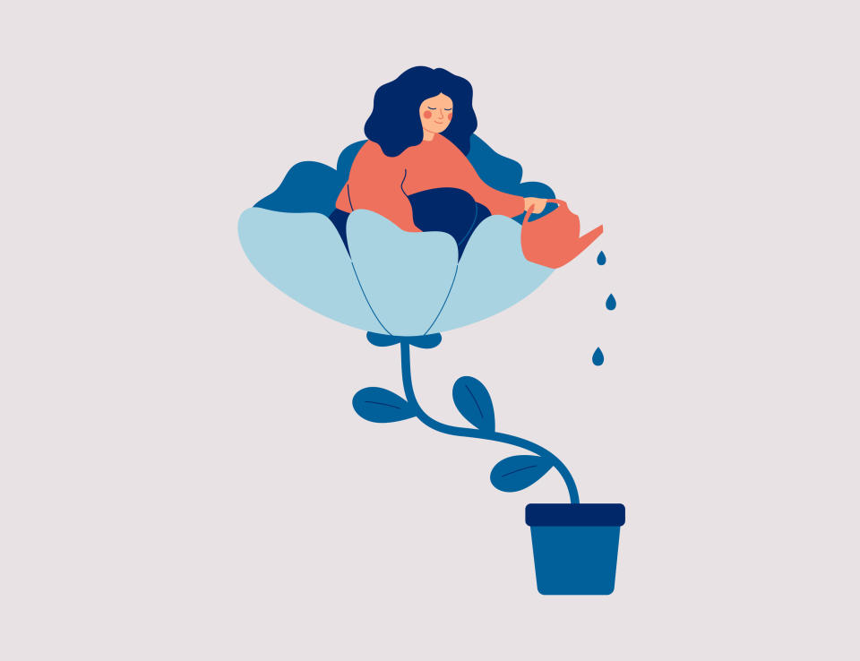 illustrated image of a woman pouring water into a pot that holds the plant of the flower she's sitting in