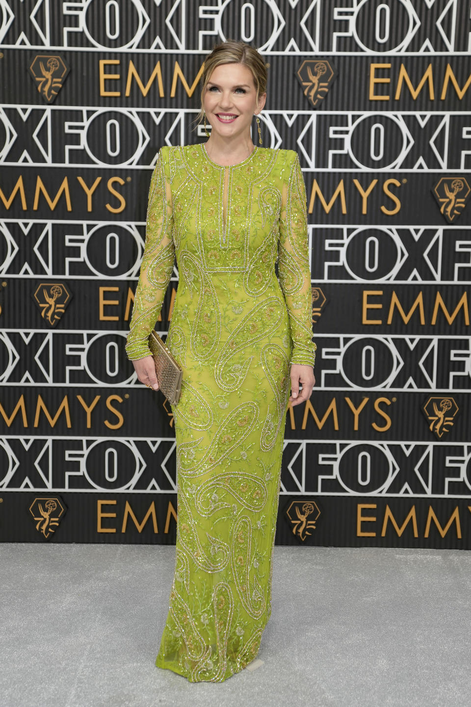 Rhea Seehorn arrives at the 75th Primetime Emmy Awards on Monday, Jan. 15, 2024, at the Peacock Theater in Los Angeles. (AP Photo/Ashley Landis)