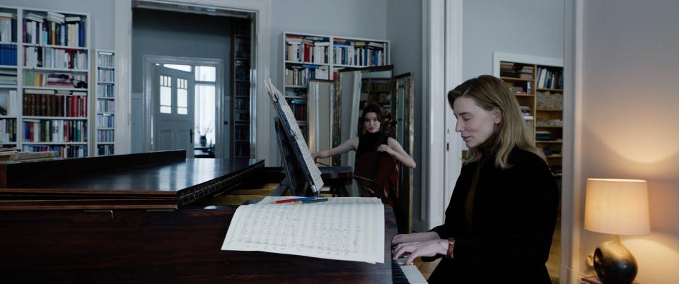 Lydia Tár (Cate Blanchett, right) rehearses with her new cellist, Olga (Sophie Kauer), in "Tár."
