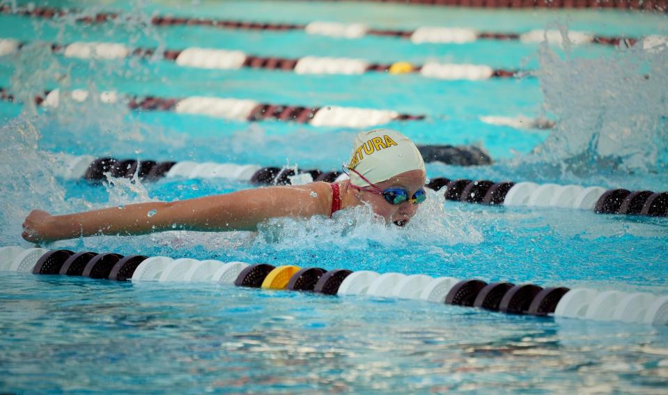 Ventura's Sarah Beckman swims to the 100 butterfly title at the Division 2 Swimming Championships on Friday, May 3, 2024, at Mount San Antonio College. Beckman also won the 200 freestyle and was part of Ventura's title-winning 200 freestyle relay team.