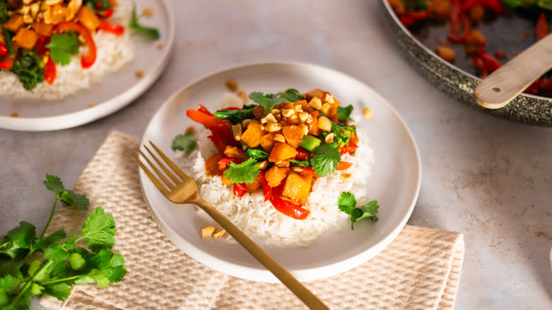 roasted butternut squash sichuan stir-fry on plate 