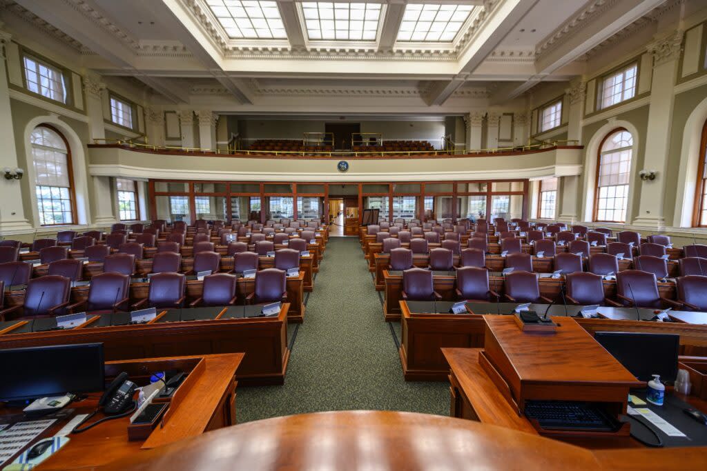 View from the speaker's dais of the chamber of the House of Representatives in the Maine State House in Augusta.