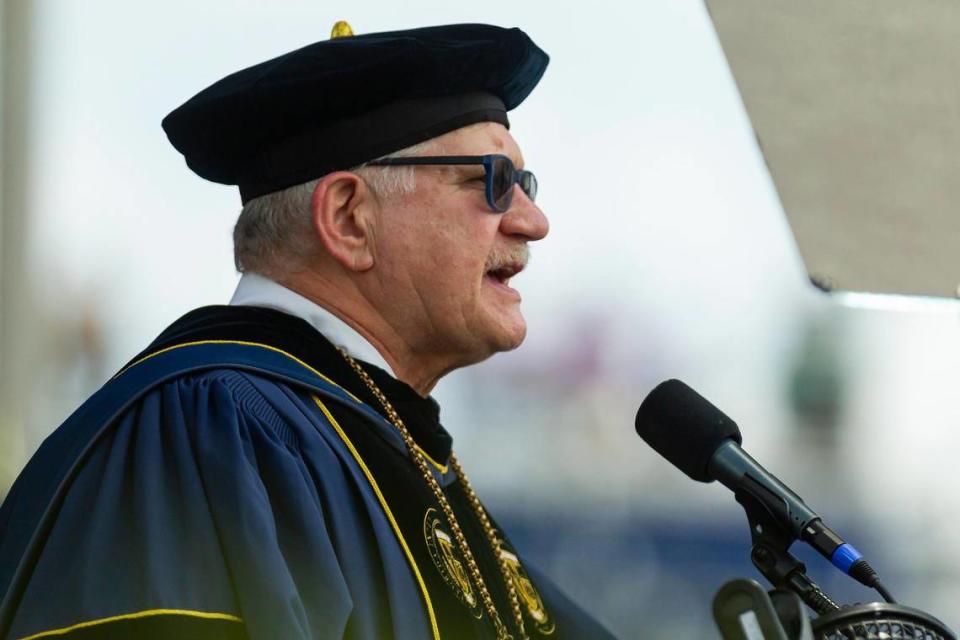 Florida International University President Mark B. Rosenberg speaks to students during a graduation ceremony inside the Riccardo Silva Stadium in Miami, Florida on Saturday, April 24, 2021.