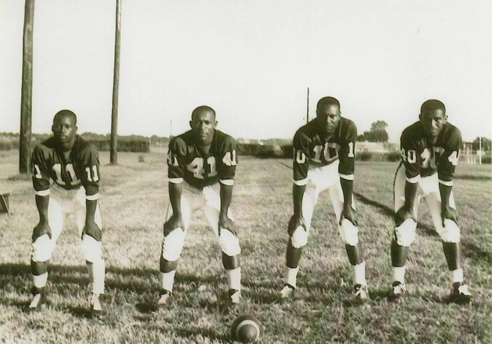 Billy Knight, second from right, and his football teammates at Mississippi Valley State University, then Mississippi Valley Vocational College.