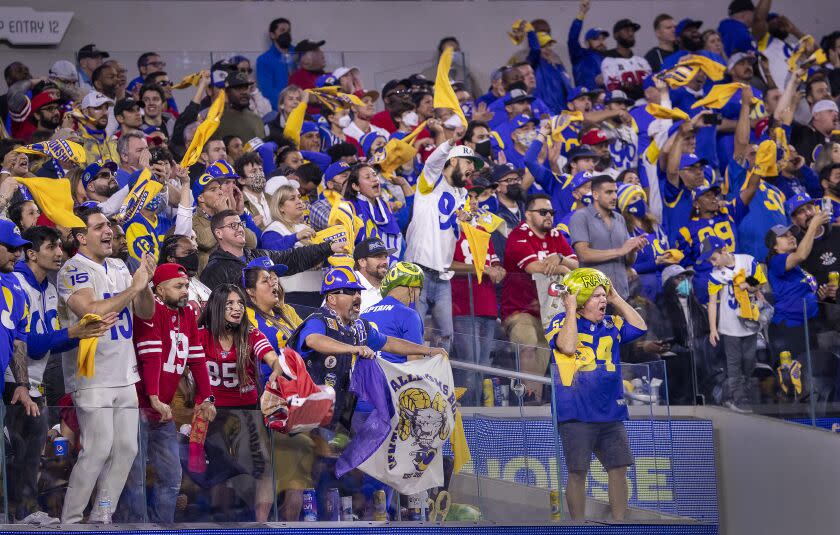 Los Angeles, CA - January 30: Rams fans cheer during their 20-17 victory over the San Francisco 49ers in the NFC Championships at SoFi Stadium on Sunday, Jan. 30, 2022 in Los Angeles, CA. (Allen J. Schaben / Los Angeles Times)