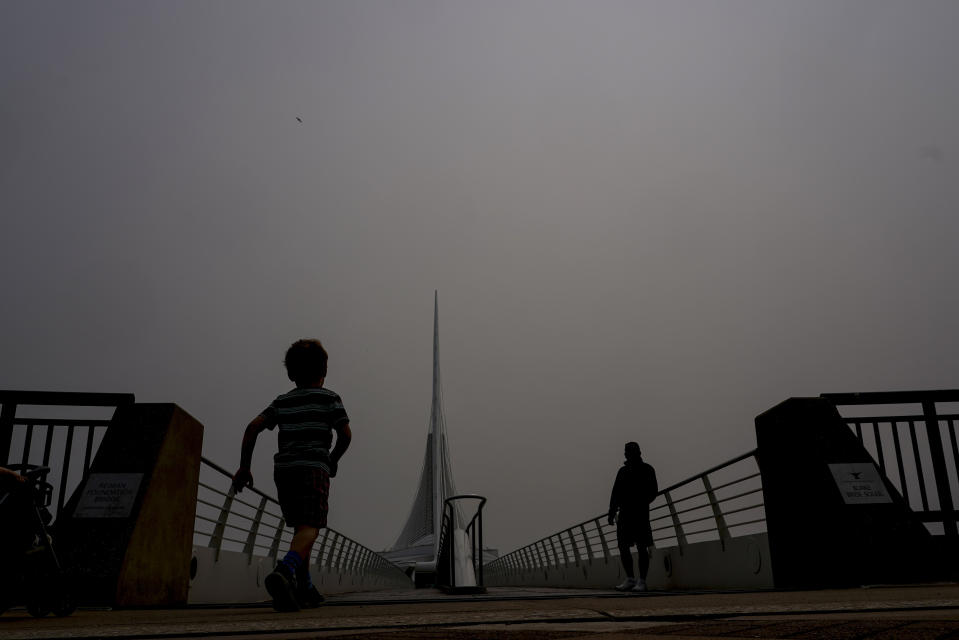 Haze from Canadian wildfires is seen over the Milwaukee Art Museum on Tuesday.