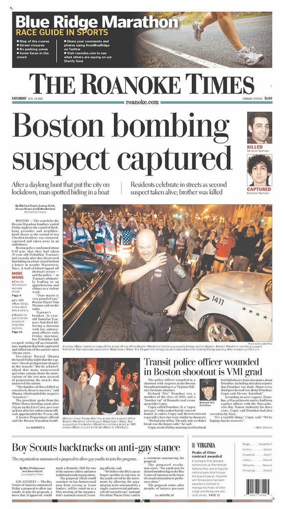 Newspaper covers of Boston bombing suspect's arrest