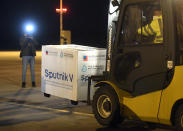 FILE - In this March 1, 2021, file photo, Russia's Sputnik V coronavirus vaccine arrives at Kosice Airport, Slovakia. Russia’s boast in August that it was the first country to authorize a coronavirus vaccine led to skepticism because of its insufficient testing on only a few dozen people. Now, with demand growing for the Sputnik V, experts are raising questions again, this time over whether Moscow can keep up with all the orders from countries that want it. (Frantisek Ivan/TASR via AP, File)