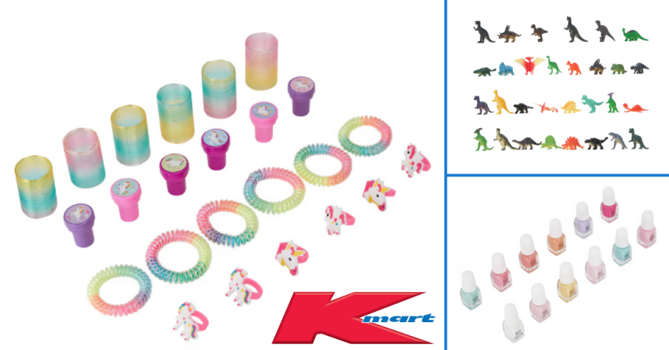 Kmart novelty toys that work as egg fillers from $3 to $5 a pack including mini nail polishes, dinosaur toys and mixed unicorn toys.