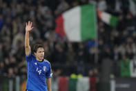 Italy's Federico Chiesa celebrates after scoring his sides third goal during an Euro 2024 group C qualifying soccer match between Italy and North Macedonia, at the Olympic Stadium stadium in Rome Friday, Nov. 17, 2023. (AP Photo/Andrew Medichini)