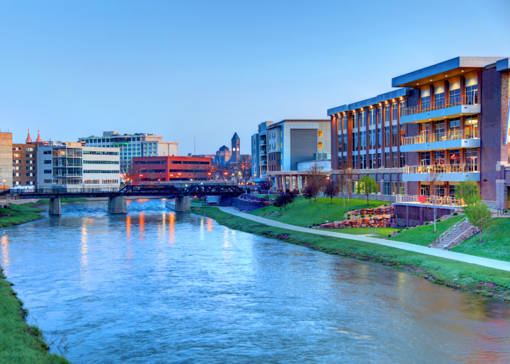 A view of downtown Sioux Falls from across a river.