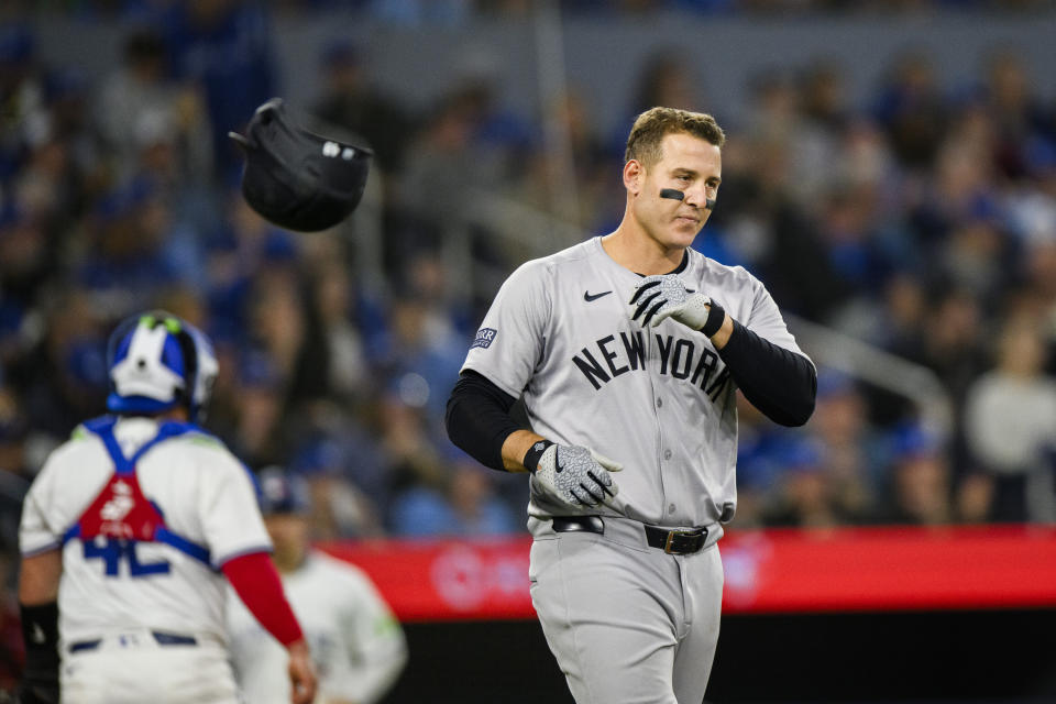 New York Yankees first baseman Anthony Rizzo reacts after grounding out during a baseball game against the Toronto Blue Jays in Toronto on Monday, April 15, 2024. (Christopher Katsarov/The Canadian Press via AP)
