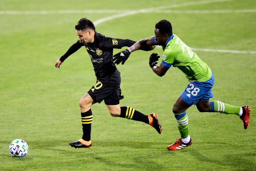 COLUMBUS, OHIO – DECEMBER 12: Lucas Zelarayan #10 of Columbus Crew controls the ball against Yeimar Gomez #28 of Seattle Sounders during the MLS Cup Final at MAPFRE Stadium on December 12, 2020 in Columbus, Ohio. Columbus Crew won 3-0. (Photo by Emilee Chinn/Getty Images)