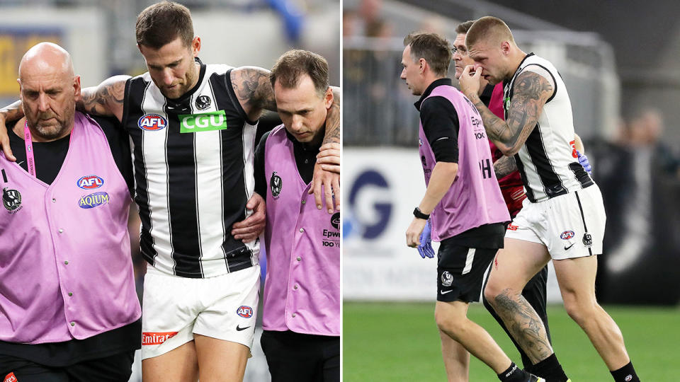 Seen here, injured Collingwood stars Jeremy Howe and Jordan De Goey are helped from the field.