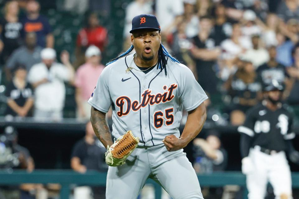 Tigers pitcher Gregory Soto celebrates after the 2-1 win over the White Sox on Thursday, July 7, 2022, in Chicago.