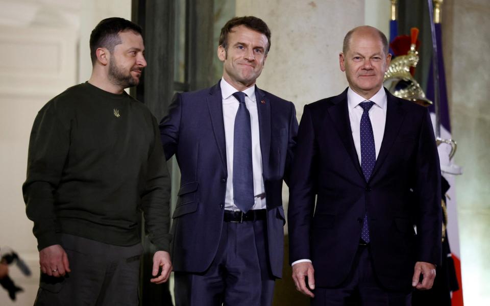 Emmanuel Macron welcomes Volodymyr Zelenskiy and Olaf Scholz to the Elysee Palace - Sarah Meyssonnier/Reuters
