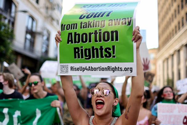 PHOTO: Abortion rights supporters march while protesting against the recent Supreme Court decision to end federal abortion rights protections, June 27, 2022, in Los Angeles. (Mario Tama/Getty Images)