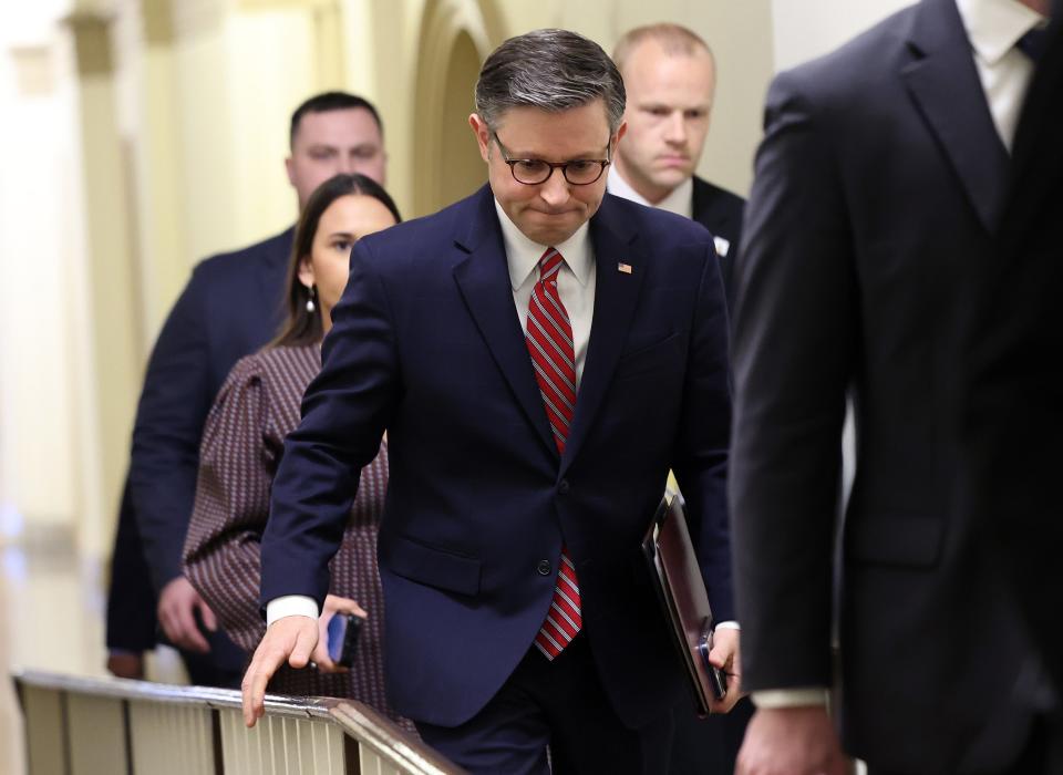 U.S. Speaker of the House Mike Johnson, R-La., returns to his office after Rep. Marjorie Taylor Greene, R-Ga., introduced a motion to vacate Johnson at the U.S. Capitol on March 22, 2024 in Washington, DC.