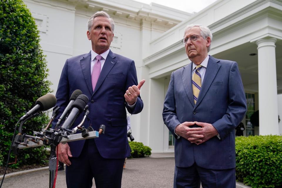 House Minority Leader Kevin McCarthy and Senate Minority Leader Mitch McConnell outside the White House on May 12, 2021, in Washington.