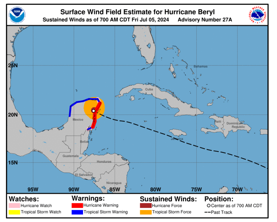 Map shows Hurricane Beryl reaching the Yucatan Peninsula on Friday morning (NHC)