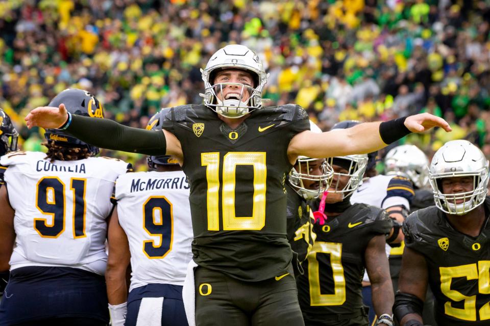 Oregon quarterback Bo Nix celebrates a touchdown as the No. 6 Oregon Ducks host California on Nov. 4 at Autzen Stadium in Eugene.