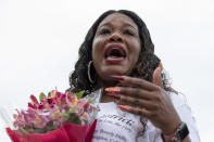 Rep. Cori Bush, D-Mo., cries after it was announced that the Biden administration will enact a targeted nationwide eviction moratorium outside of Capitol Hill in Washington on Tuesday, August 3, 2021. For the past five days, lawmakers and activists primarily led by Rep. Cori Bush, D-Mo., have been sitting in on the steps of Capitol Hill to protest the expiration of the eviction moratorium. (AP Photo/Amanda Andrade-Rhoades)