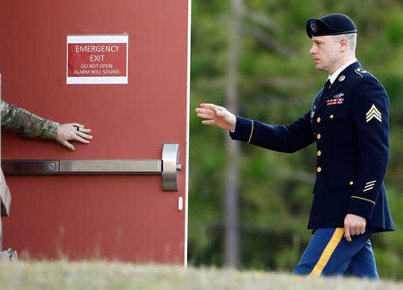 U.S. Army Sergeant Beaudry Robert "Bowe" Bergdahl enters the courthouse for the fifth day of sentencing proceedings in his court martial at Fort Bragg, North Carolina, U.S., October 31, 2017. REUTERS/Jonathan Drake