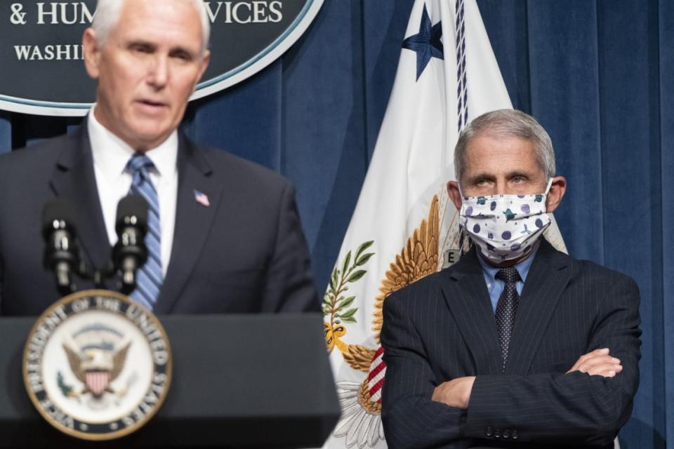 <div class="inline-image__caption"><p>Director of the National Institute of Allergy and Infectious Diseases Anthony Fauci watched as Vice President Mike Pence spoke after leading a White House Coronavirus Task Force briefing at the Department of Health and Human Services on June 26, 2020 in Washington, DC. Cases of coronavirus disease (COVID-19) had been rising in southern and western states, forcing businesses to remain closed.</p></div> <div class="inline-image__credit">Joshua Roberts/Getty</div>