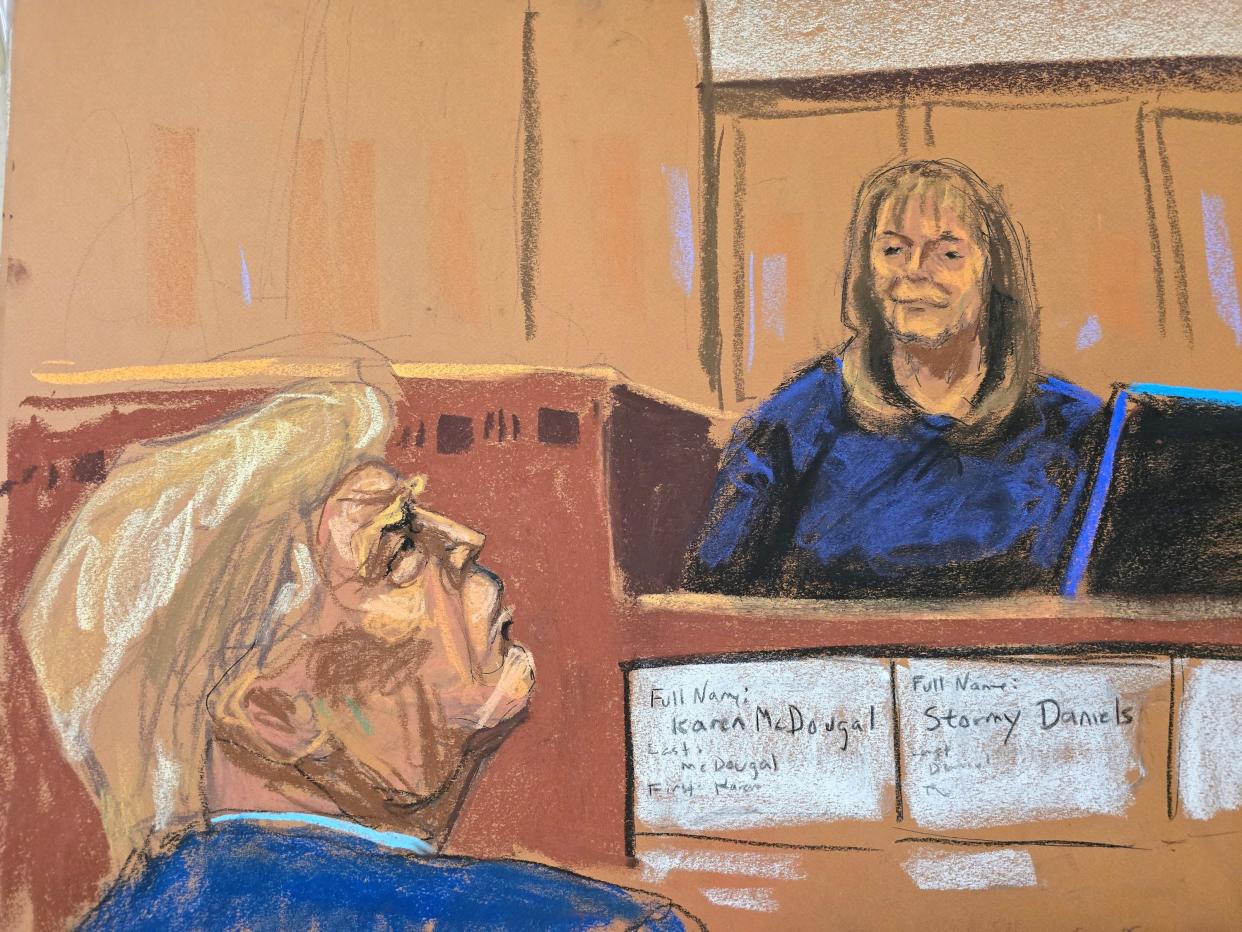 Court artist sketch of Donald Trump watching testimony by his longtime assistant Rhona Graff.