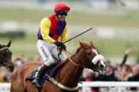 Horse Racing - Cheltenham Festival - Cheltenham Racecourse, Cheltenham, Britain - March 16, 2018 Richard Johnson on Native River celebrates winning the 15.30 Timico Cheltenham Gold Cup Chase Action Images via Reuters/Matthew Childs