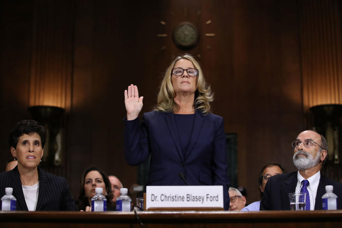 Christine Blasey Ford is sworn in before testifying the Senate Judiciary Committee on Sept. 27, 2018. (Photo: Win McNamee via Getty Images)