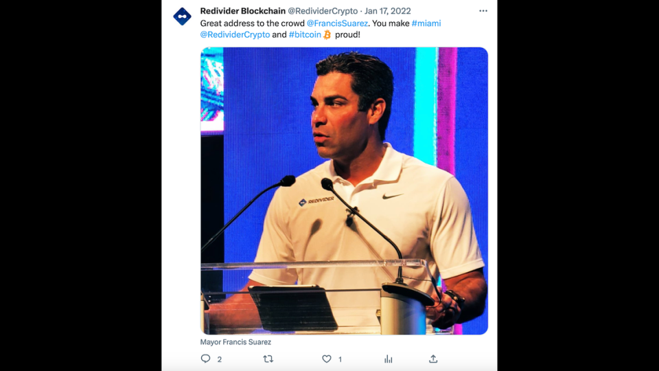 Redivider, a tiny tech-related investment fund, tweeted support to Mayor Francis Suarez, the fund’s paid advisor, as the mayor addressed the North American Bitcoin conference wearing Redivider’s logo.