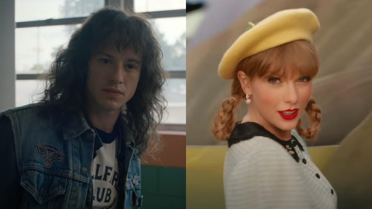  L to R: Joseph Quinn in Stranger Things 4. Taylor Swift in the Karma music video. 