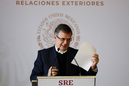 Mexico's Foreign Minister Marcelo Ebrard announces a joint development plan between Mexico and the United States for the northern triangle of Central America, in Mexico City, Mexico December 18, 2018. REUTERS/Edgard Garrido