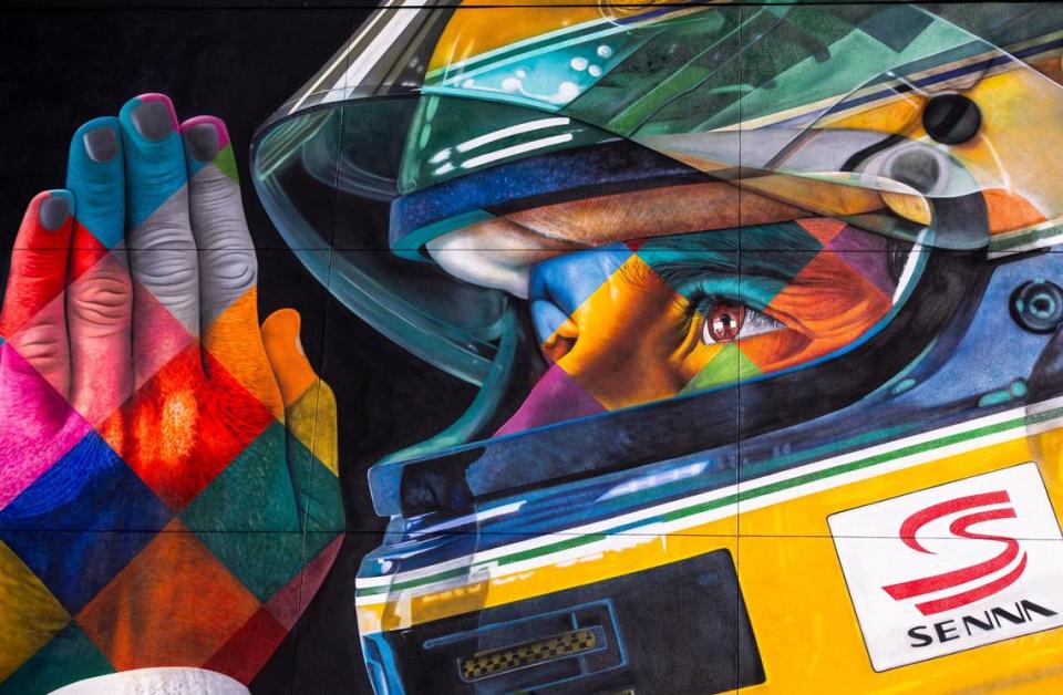 Detail of Senna Mural at the Miami International Autodrome on Thursday, May 2, 2024, in Miami Gardens, Fla.