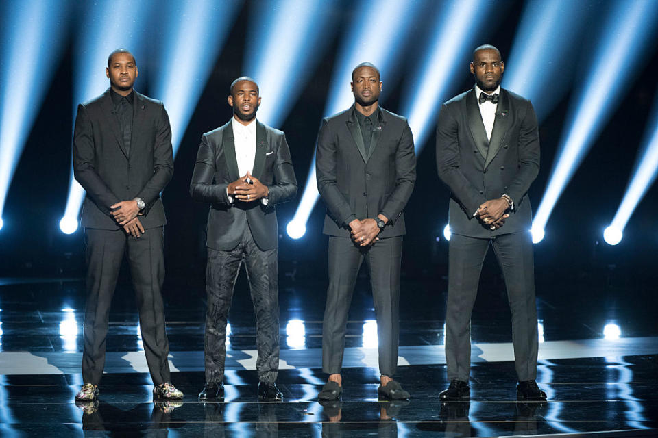 Carmelo Anthony, Chris Paul, Dwyane Wade and LeBron James address social activism at the ESPYs. (Getty Images)