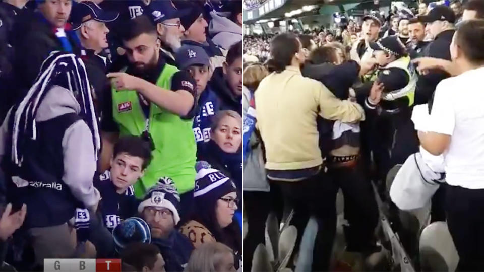 Crowd trouble overshadowed the Bulldogs' thrilling win. Pic: Ch7/Twitter