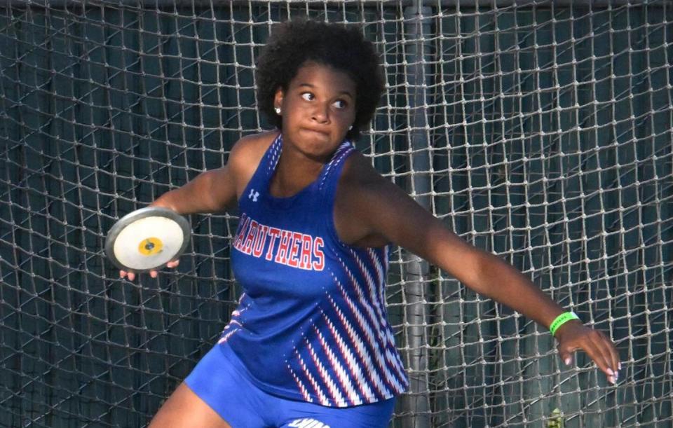 Caruthers’ Nailea Fields in the girls discus at the CIF Central Section Masters track and field meet, held at Veterans Memorial Stadium on Saturday, May 20, 2023 in Clovis.