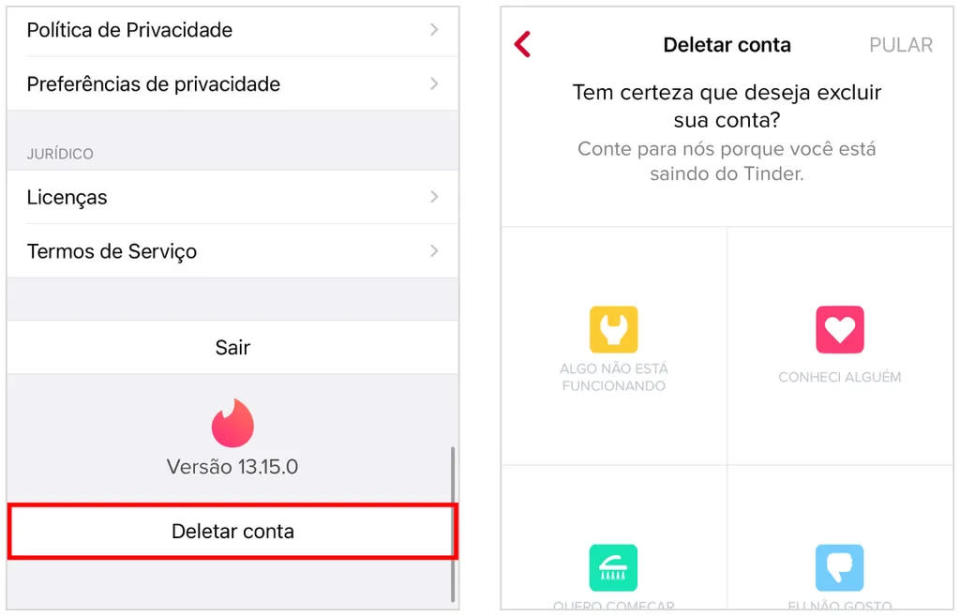 Excluir a conta no Tinder e começar do zero é uma forma para mudar o nome no app (Captura de tela: Caio Carvalho)