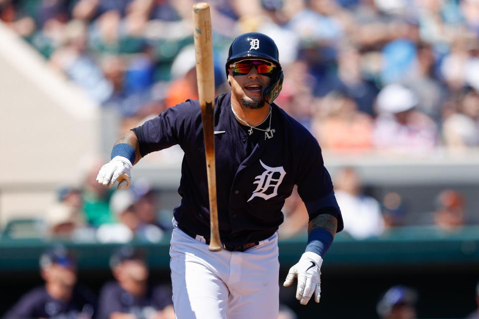 Tigers shortstop Javier Baez reacts at the plate during an at-bat against the Yankees in the first inning March 28, 2022 at Publix Field at Joker Marchant Stadium.