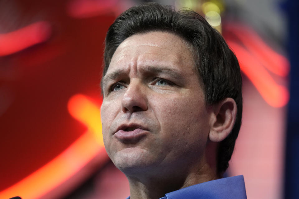 Florida Gov. Ron DeSantis speaks during a fundraising picnic for U.S. Rep. Randy Feenstra, R-Iowa, Saturday, May 13, 2023, in Sioux Center, Iowa. (AP Photo/Charlie Neibergall)