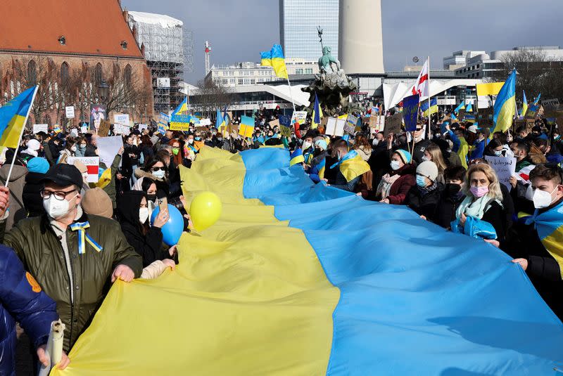 FILE PHOTO: People demonstrate against Russian invasion of Ukraine, in Berlin