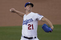 Los Angeles Dodgers starting pitcher Walker Buehler throws to an Arizona Diamondbacks batter during the first inning of a baseball game Wednesday, Sept. 2, 2020, in Los Angeles. (AP Photo/Marcio Jose Sanchez)