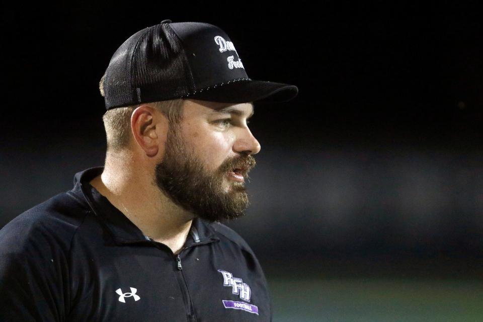 Rumson-Fair Haven head football coach Jeremy Schulte is shown during the Middletown South game in Middletown Friday evening, August 25, 2023.