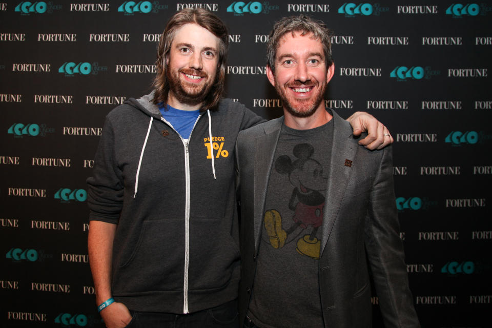 Mike Cannon-Brookes (L) and Scott Farquhar (R), co-founders and co-CEOs of Atlassian and 2016 honorees on Fortune's 40 Under 40 list, pose for a photo on October 13, 2016 in San Francisco, California.