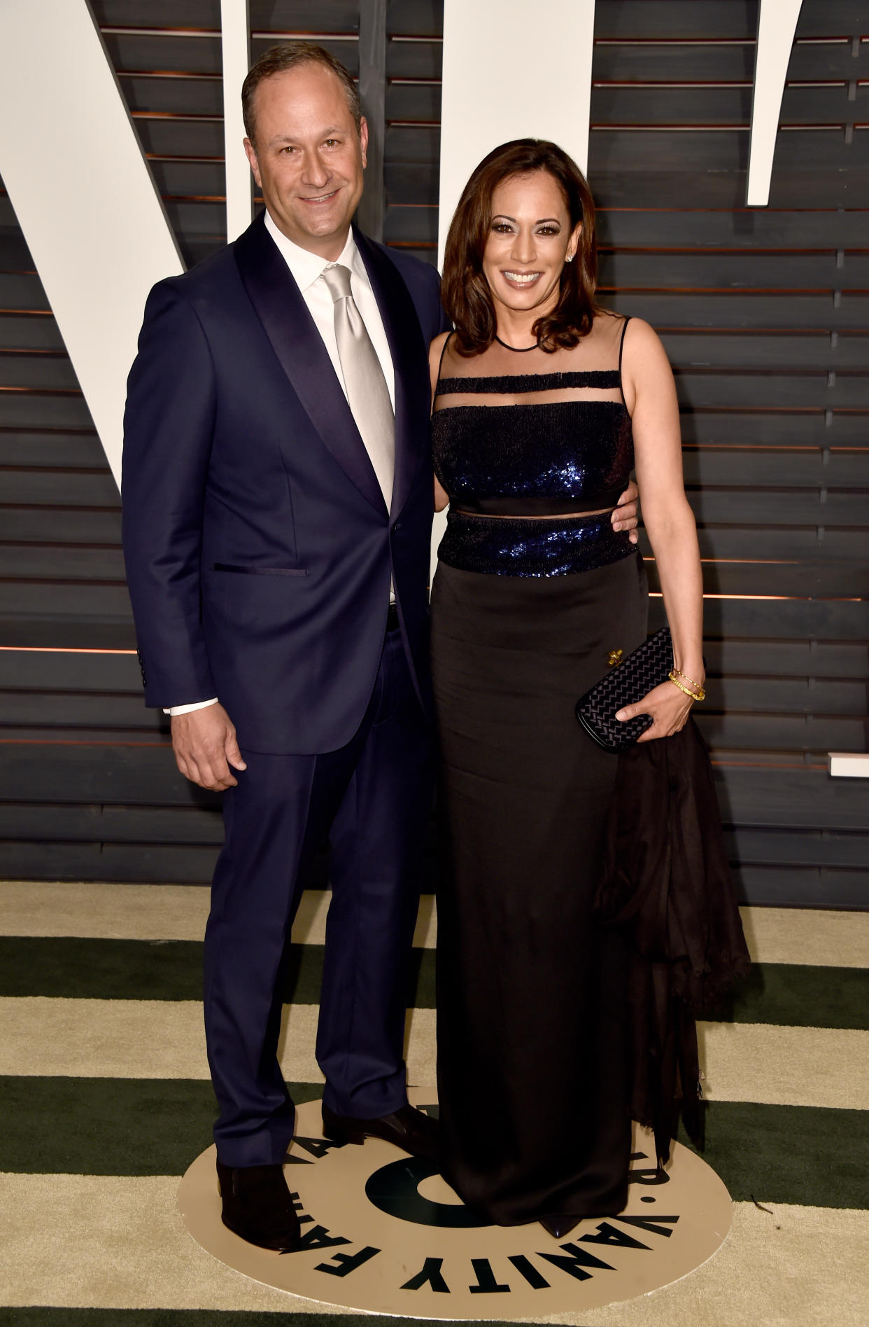 BEVERLY HILLS, CA - FEBRUARY 22:  Attorney Douglas Emhoff (L) and California Attorney General Kamala Harris attend the 2015 Vanity Fair Oscar Party hosted by Graydon Carter at Wallis Annenberg Center for the Performing Arts on February 22, 2015 in Beverly Hills, California.  (Photo by Pascal Le Segretain/Getty Images)