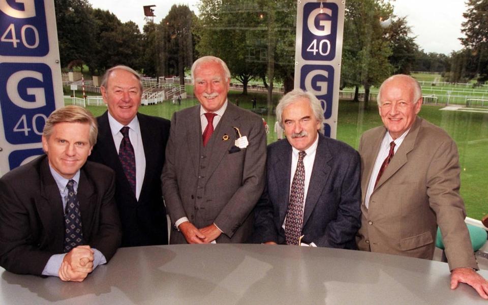 BBC's Grandstand programme, (l/r) Steve Ryder, David Coleman, Peter Dimmock, Des Lynam and Frank Bough, during a celebration transmission from Ascot Race Course to mark the 40th Aniversary  - PA