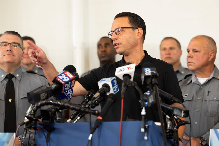Pennsylvania Governor Josh Shapiro speaks to the media at a press conference held at the Po-Mar-Lin Fire Company after the capture of escaped convict Danelo Cavalcante in Unionville, Pennsylvania, on 13 September, 2023. US police announced the capture of a convicted Brazilian murderer who caught national attention with his daring prison escape and two weeks on the run. (Photo by RYAN COLLERD / AFP) (Photo by RYAN COLLERD/AFP via Getty Images)