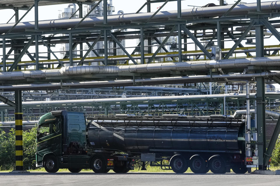 German specialty chemicals company Evonik Industries produces at its location at the Marl Chemical Park in Marl, Germany, Thursday, Sept. 7, 2023. (AP Photo/Martin Meissner)