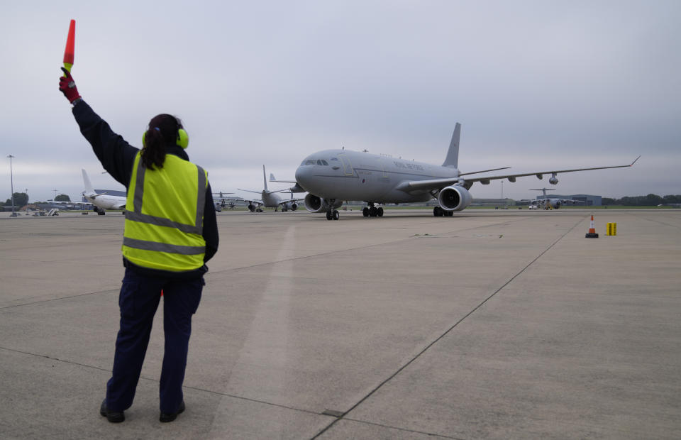 A British Royal Airforce Voyager aircraft a carrying members of the British armed forces 16 Air Assault Brigade arrives at Brize Norton, England, as they return from helping in operations to evacuate people from Kabul airport in Afghanistan, Saturday, Aug. 28, 2021. More than 100,000 people have been safely evacuated through the Kabul airport, according to the U.S., but thousands more are struggling to leave in one of history's biggest airlifts. (AP Photo/Alastair Grant, Pool)